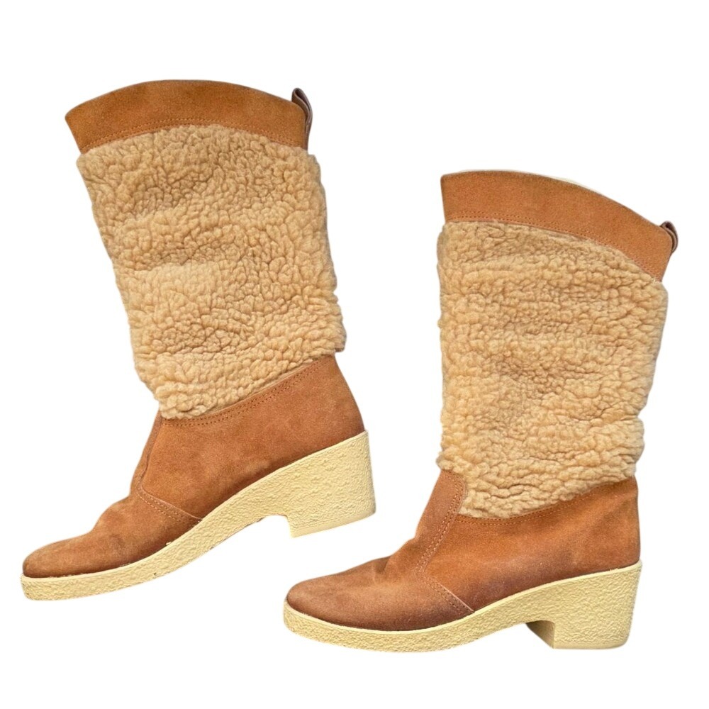 Vintage 70s Quoddy Moccasins Shearling Lined Suede Boots Tan 6
